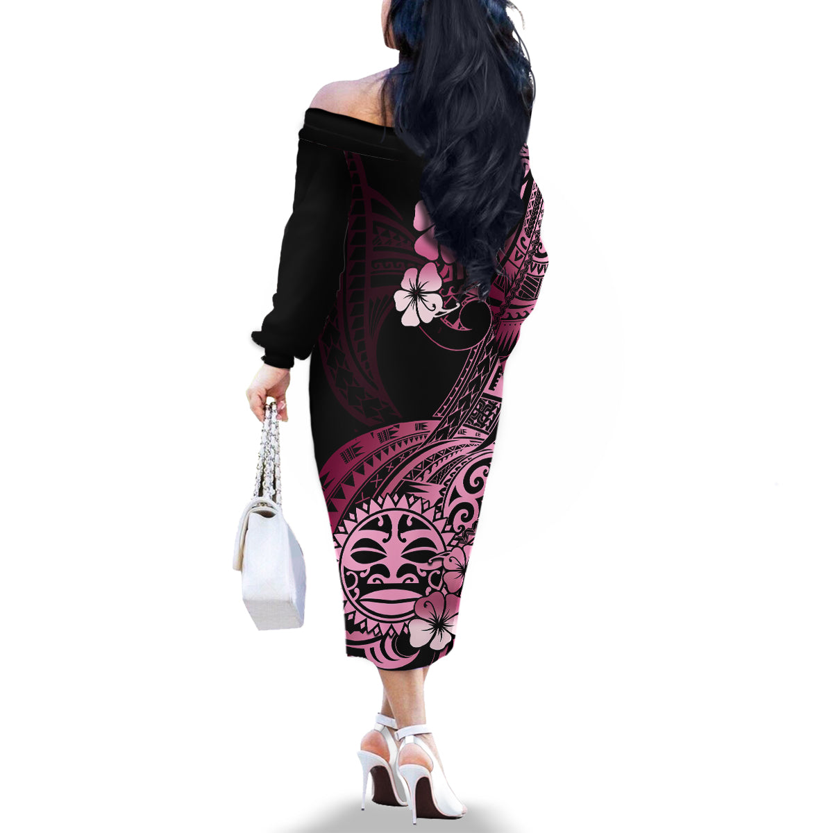 Aotearoa Kia Ora New Zealand Ta Moko Pink Version Family Matching Off Shoulder Long Sleeve Dress and Hawaiian Shirt LT01 - Polynesian Pride