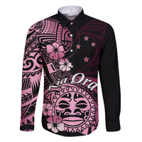 Aotearoa Kia Ora New Zealand Ta Moko Pink Version Family Matching Summer Maxi Dress and Hawaiian Shirt LT01 Dad's Shirt - Long Sleeve Pink - Polynesian Pride