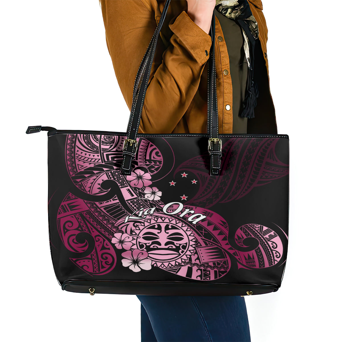 Aotearoa Kia Ora New Zealand Ta Moko Pink Version Leather Tote Bag LT01 - Polynesian Pride