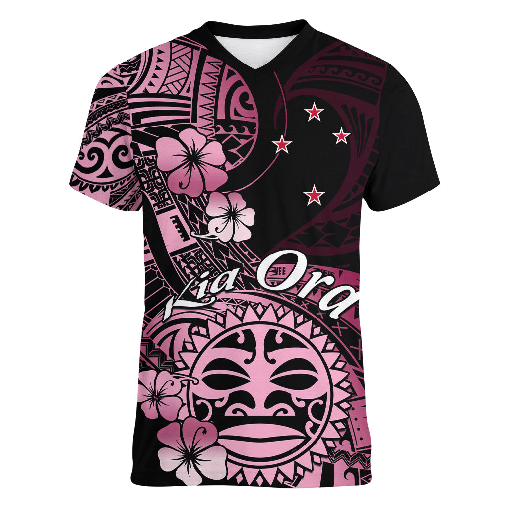 Aotearoa Kia Ora New Zealand Ta Moko Pink Version Women V Neck T Shirt LT01 Female Pink - Polynesian Pride