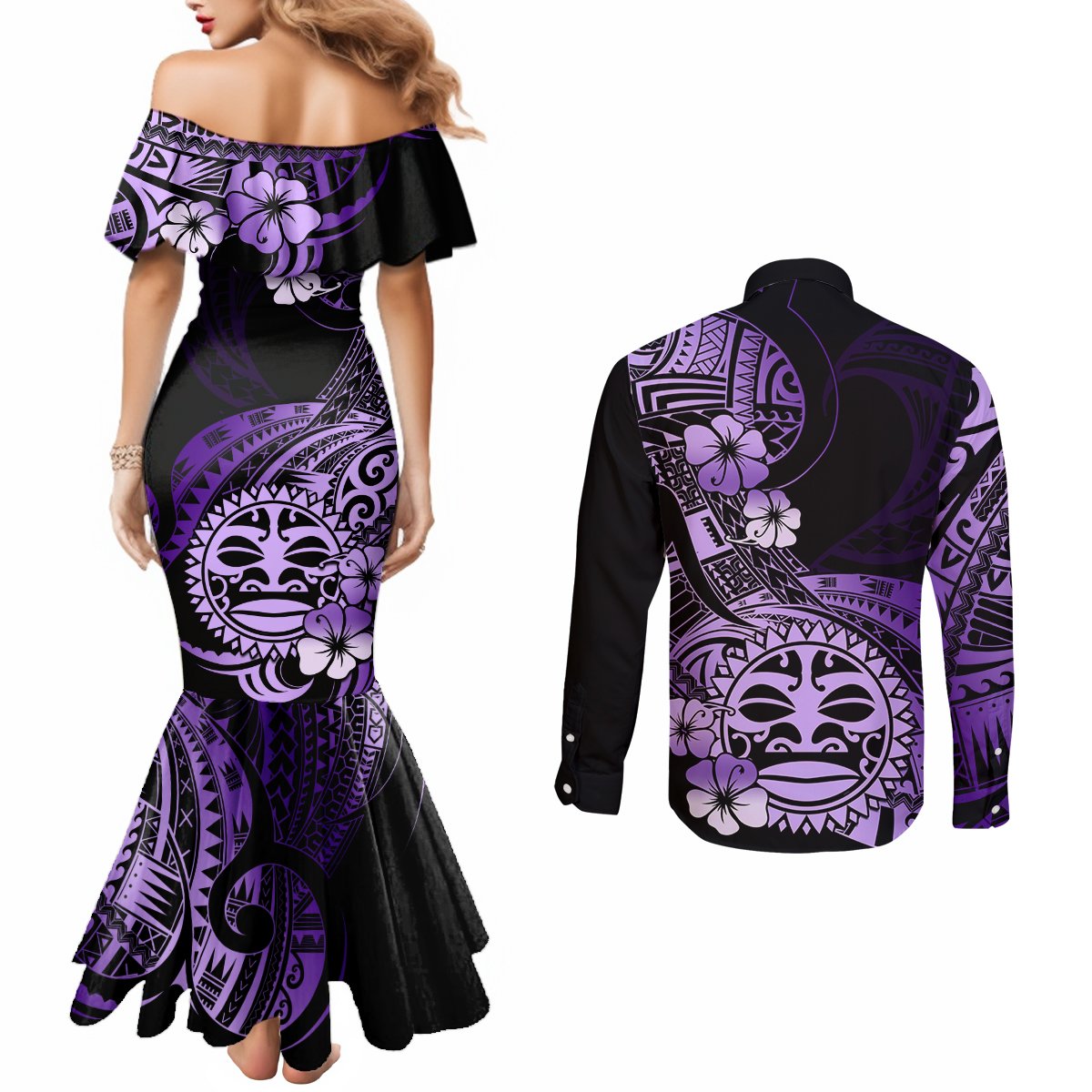 Aotearoa Kia Ora New Zealand Ta Moko Purple Version Couples Matching Mermaid Dress and Long Sleeve Button Shirt LT01 - Polynesian Pride