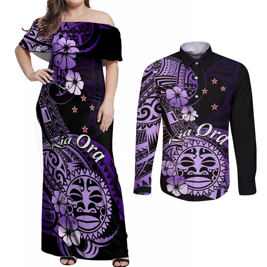 Aotearoa Kia Ora New Zealand Ta Moko Purple Version Couples Matching Off Shoulder Maxi Dress and Long Sleeve Button Shirt LT01 Purple - Polynesian Pride