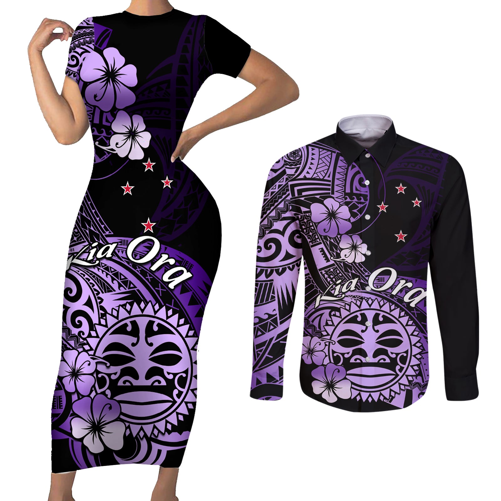 Aotearoa Kia Ora New Zealand Ta Moko Purple Version Couples Matching Short Sleeve Bodycon Dress and Long Sleeve Button Shirt LT01 Purple - Polynesian Pride