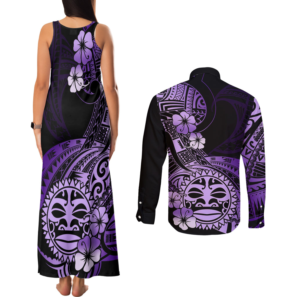 Aotearoa Kia Ora New Zealand Ta Moko Purple Version Couples Matching Tank Maxi Dress and Long Sleeve Button Shirt LT01 - Polynesian Pride