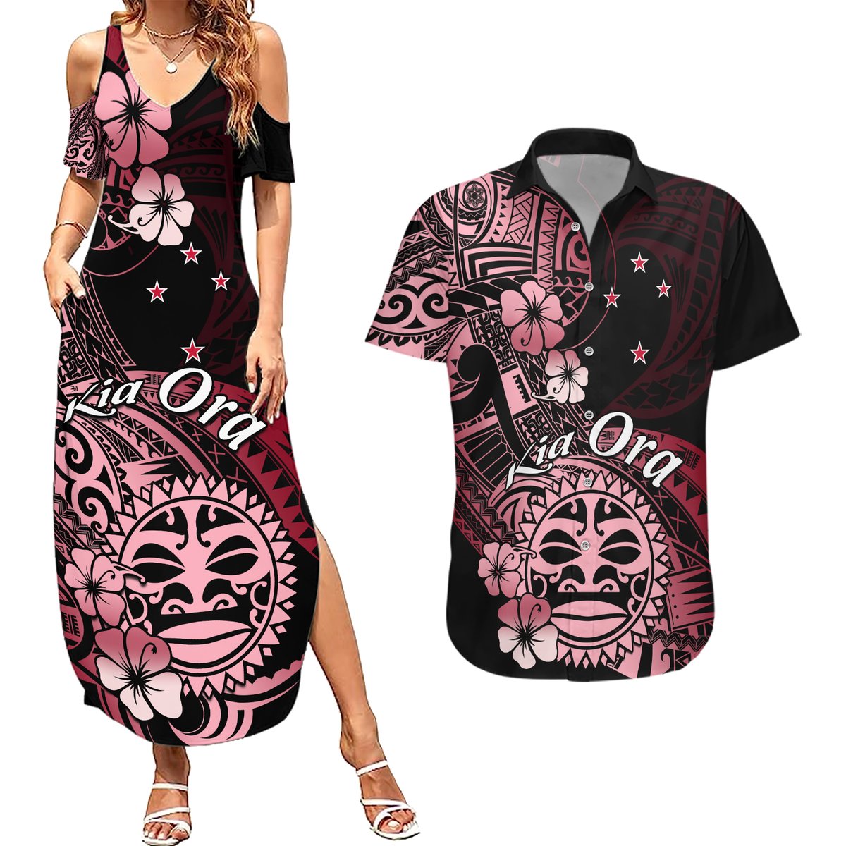 Aotearoa Kia Ora New Zealand Ta Moko Red Version Couples Matching Summer Maxi Dress and Hawaiian Shirt LT01 Red - Polynesian Pride