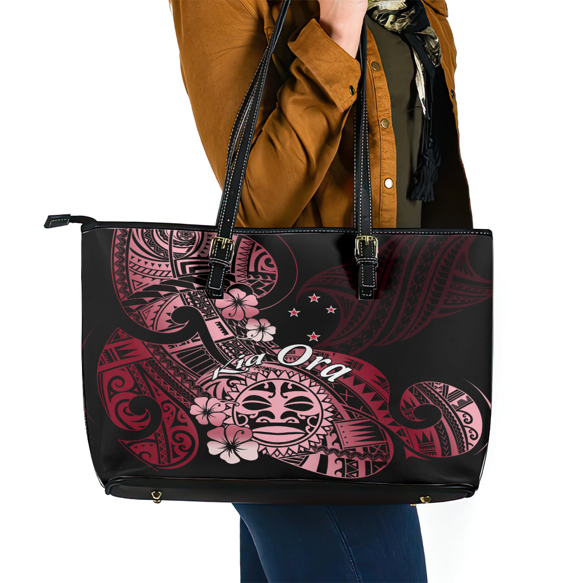 Aotearoa Kia Ora New Zealand Ta Moko Red Version Leather Tote Bag LT01 - Polynesian Pride