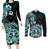 Aotearoa Kia Ora New Zealand Ta Moko Turquoise Version Couples Matching Long Sleeve Bodycon Dress and Long Sleeve Button Shirt LT01 Turquoise - Polynesian Pride