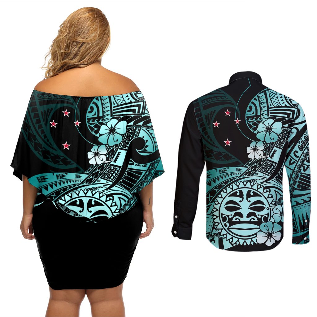 Aotearoa Kia Ora New Zealand Ta Moko Turquoise Version Couples Matching Off Shoulder Short Dress and Long Sleeve Button Shirt LT01 - Polynesian Pride