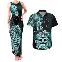Aotearoa Kia Ora New Zealand Ta Moko Turquoise Version Couples Matching Tank Maxi Dress and Hawaiian Shirt LT01 Turquoise - Polynesian Pride