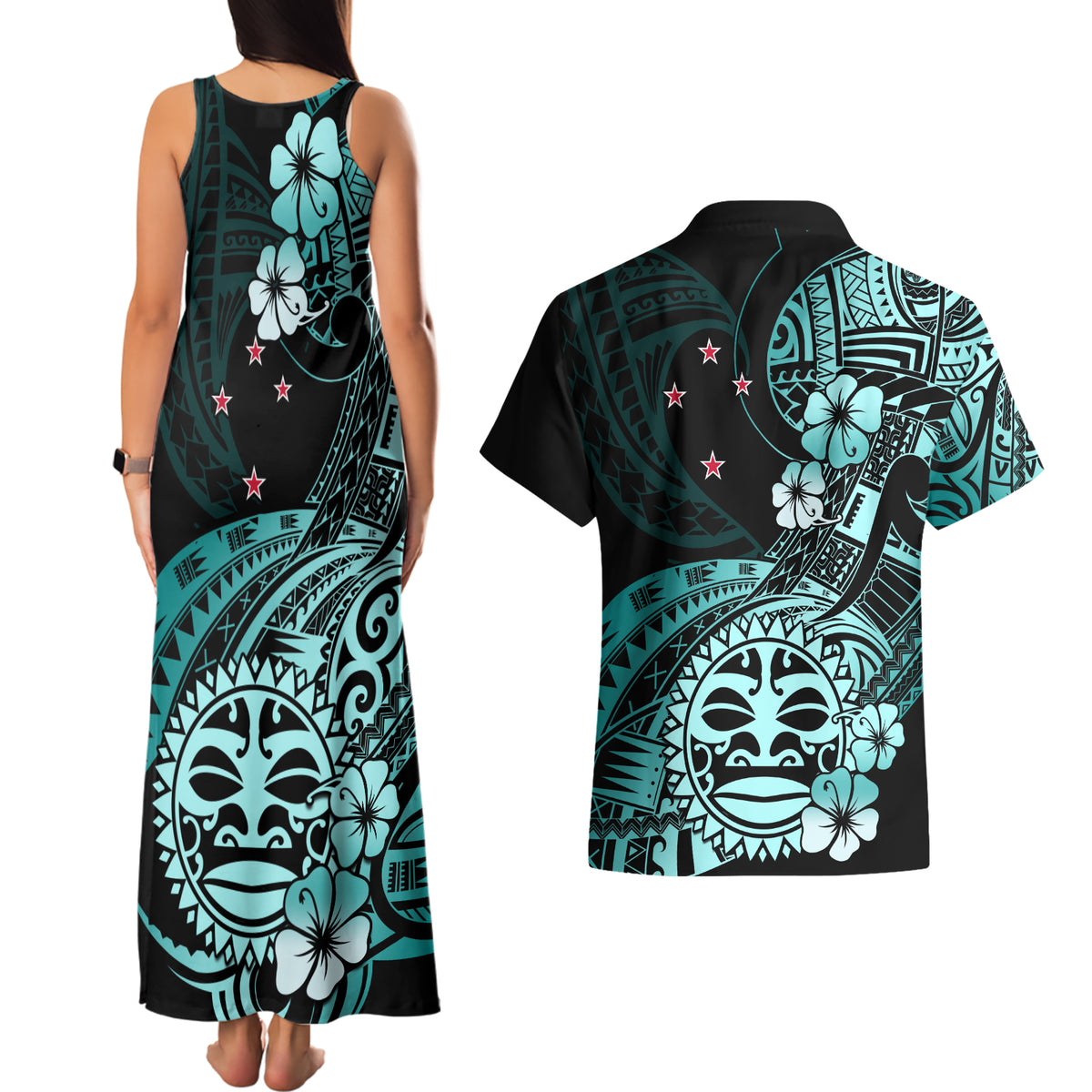 Aotearoa Kia Ora New Zealand Ta Moko Turquoise Version Couples Matching Tank Maxi Dress and Hawaiian Shirt LT01 - Polynesian Pride
