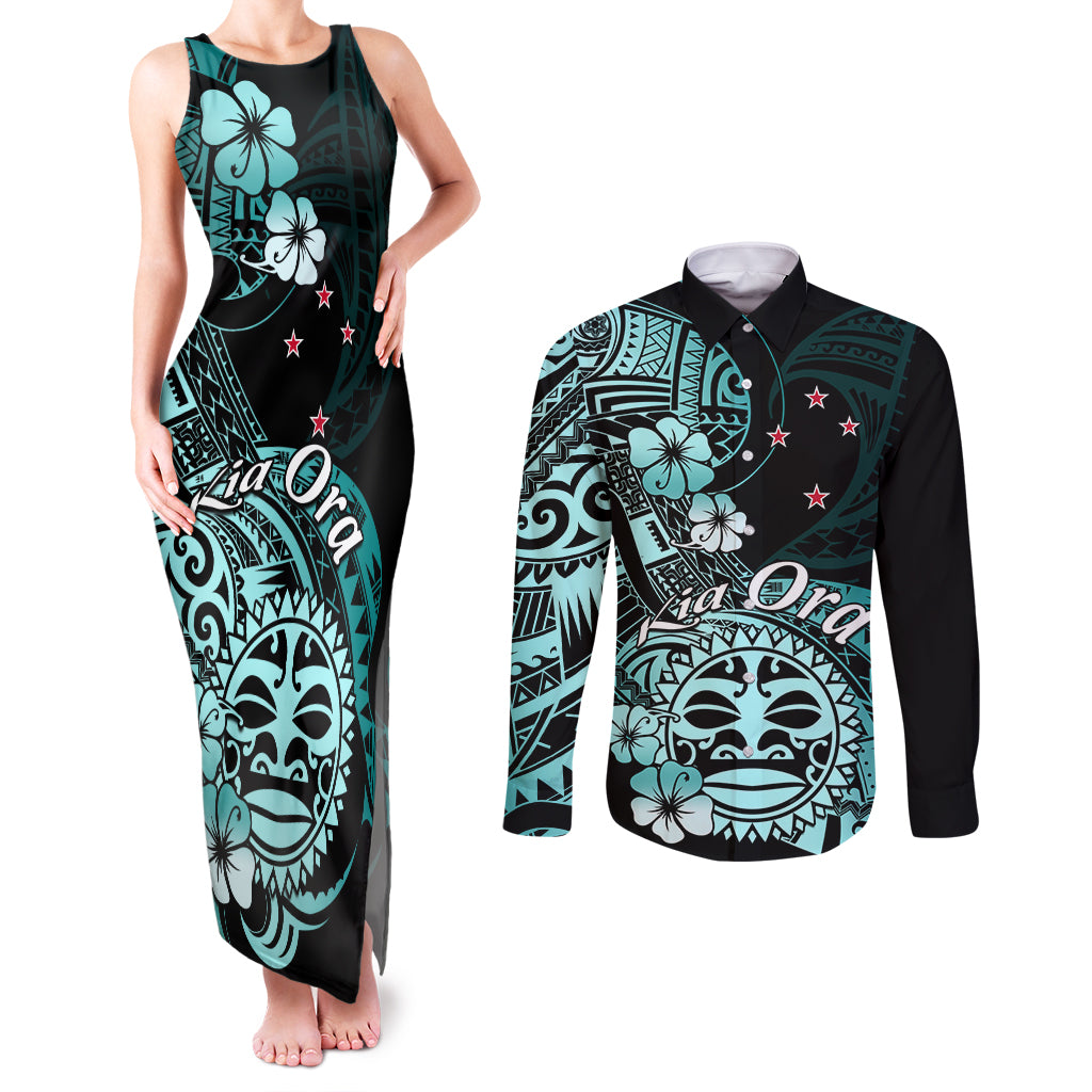 Aotearoa Kia Ora New Zealand Ta Moko Turquoise Version Couples Matching Tank Maxi Dress and Long Sleeve Button Shirt LT01 Turquoise - Polynesian Pride