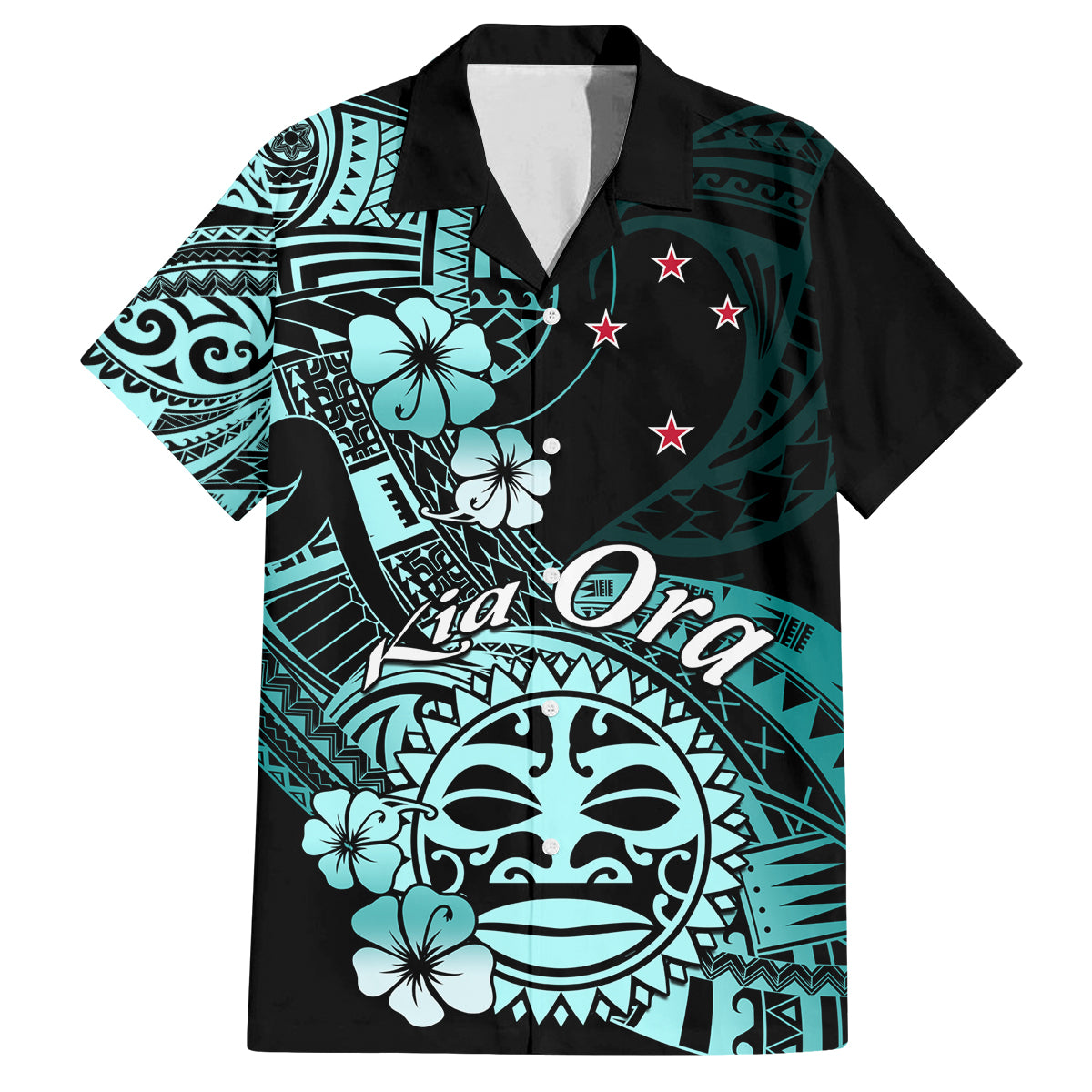 Aotearoa Kia Ora New Zealand Ta Moko Turquoise Version Family Matching Off Shoulder Long Sleeve Dress and Hawaiian Shirt LT01 Dad's Shirt - Short Sleeve Turquoise - Polynesian Pride