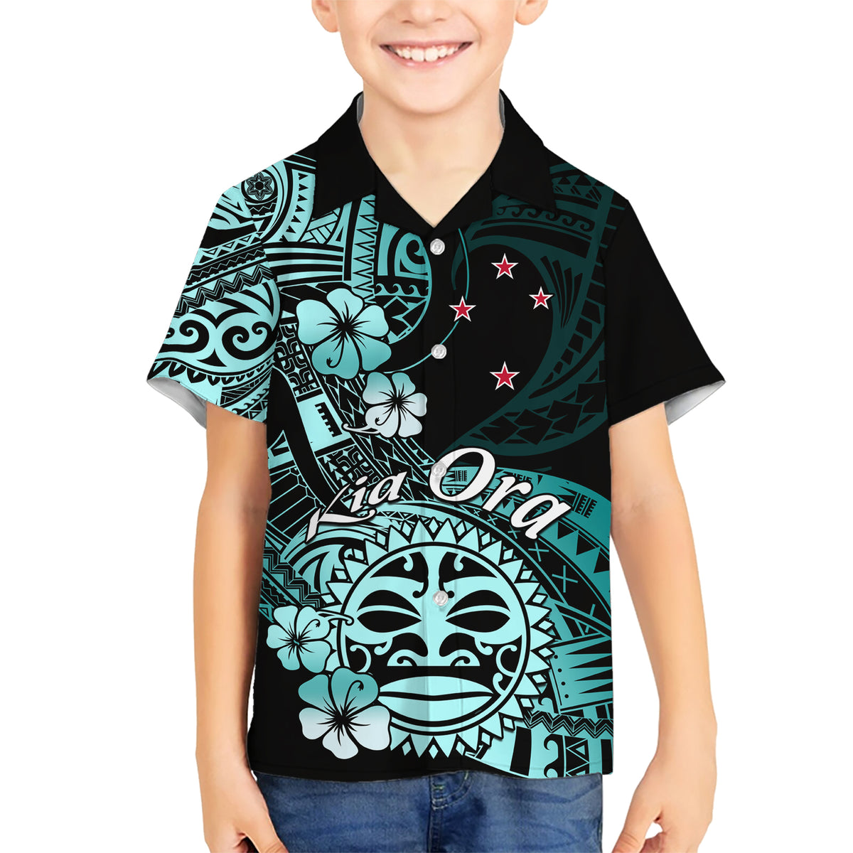 Aotearoa Kia Ora New Zealand Ta Moko Turquoise Version Family Matching Short Sleeve Bodycon Dress and Hawaiian Shirt LT01 Son's Shirt Turquoise - Polynesian Pride
