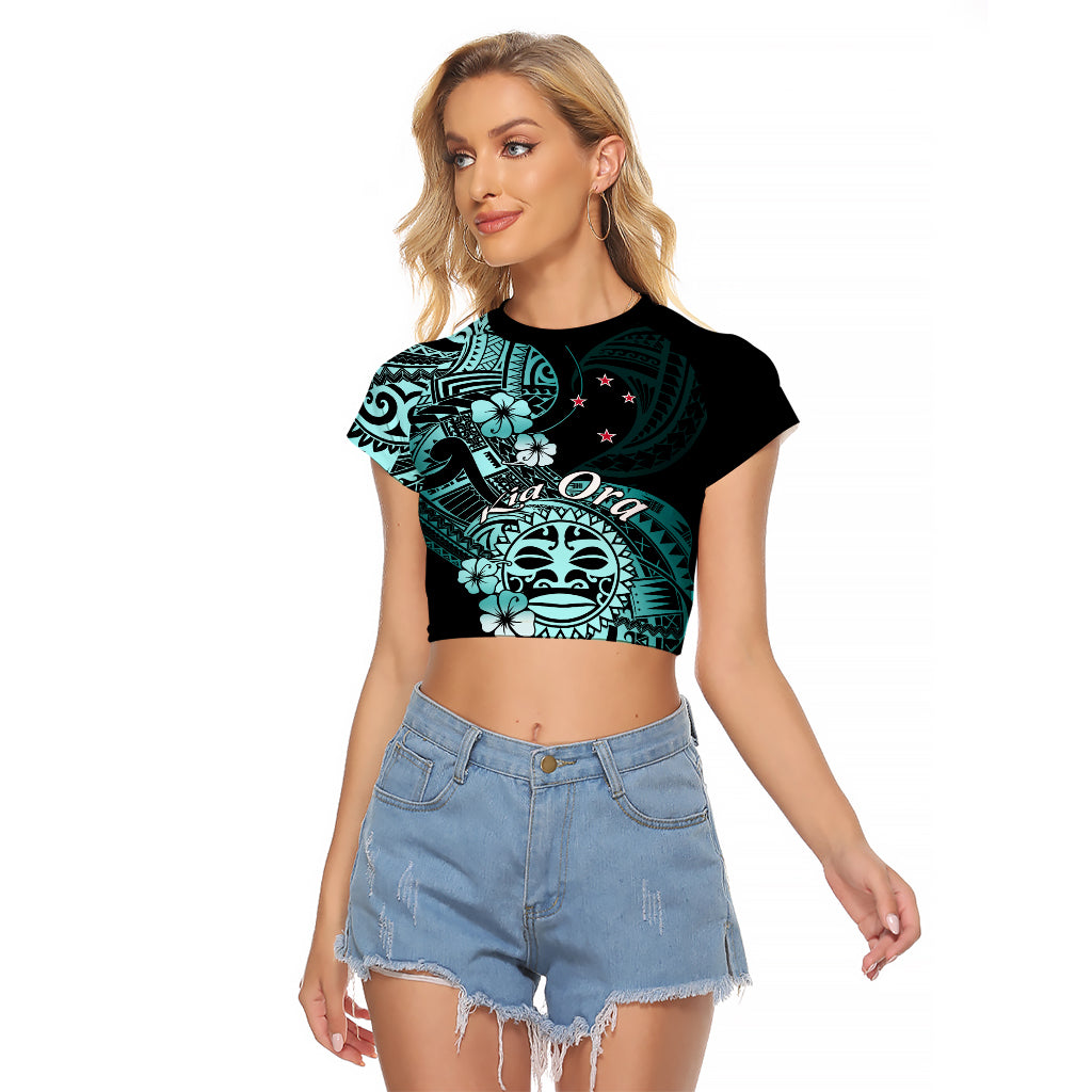 Aotearoa Kia Ora New Zealand Ta Moko Turquoise Version Raglan Cropped T Shirt LT01 Female Turquoise - Polynesian Pride