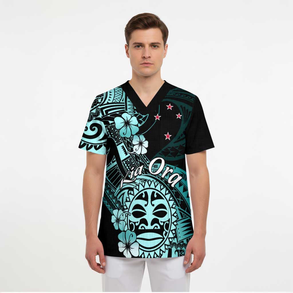 Aotearoa Kia Ora New Zealand Ta Moko Turquoise Version Scrub Top - Polynesian Pride