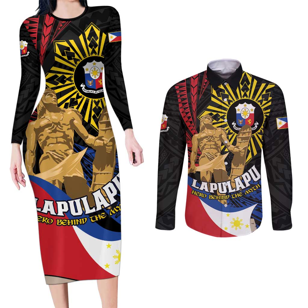 Personalized Lapulapu The First Filipino Hero Couples Matching Long Sleeve Bodycon Dress and Long Sleeve Button Shirt Polynesian Pattern