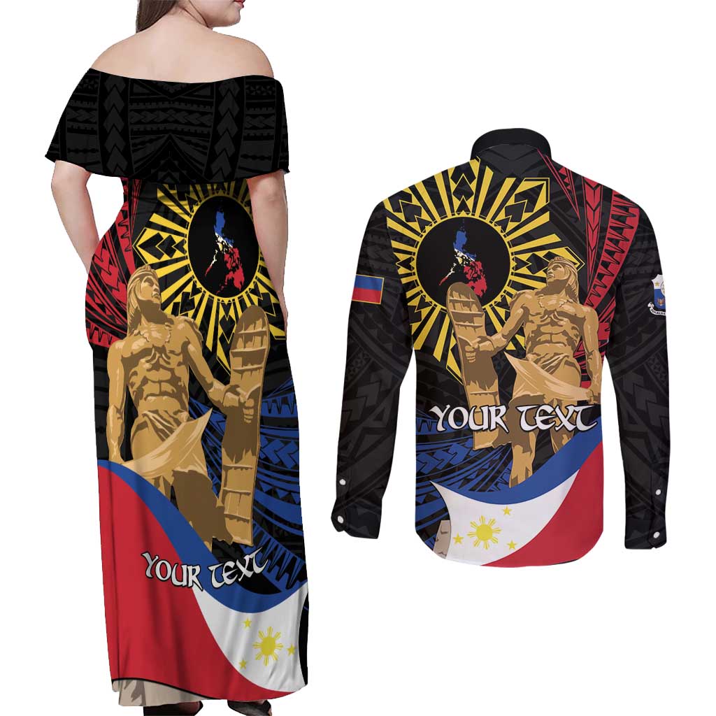 Personalized Lapulapu The First Filipino Hero Couples Matching Off Shoulder Maxi Dress and Long Sleeve Button Shirt Polynesian Pattern