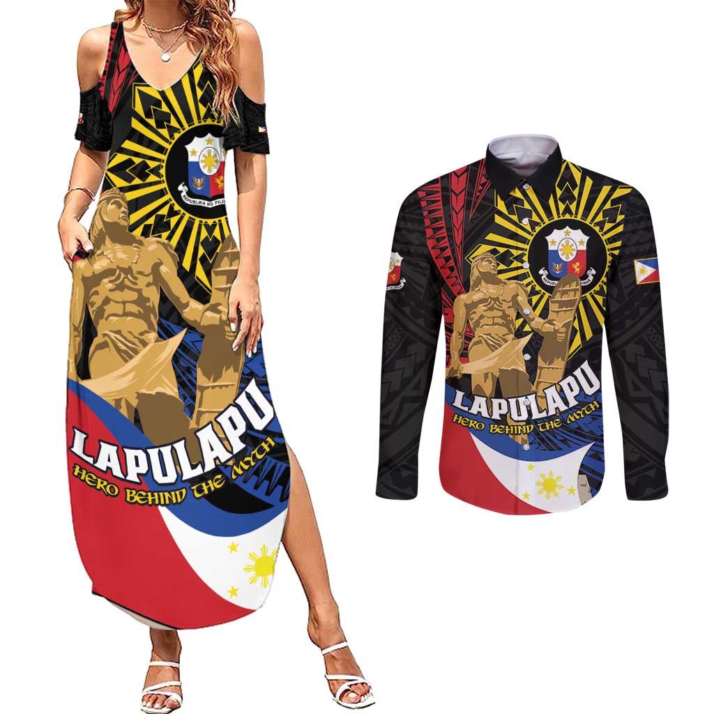 Personalized Lapulapu The First Filipino Hero Couples Matching Summer Maxi Dress and Long Sleeve Button Shirt Polynesian Pattern LT01 Black - Polynesian Pride