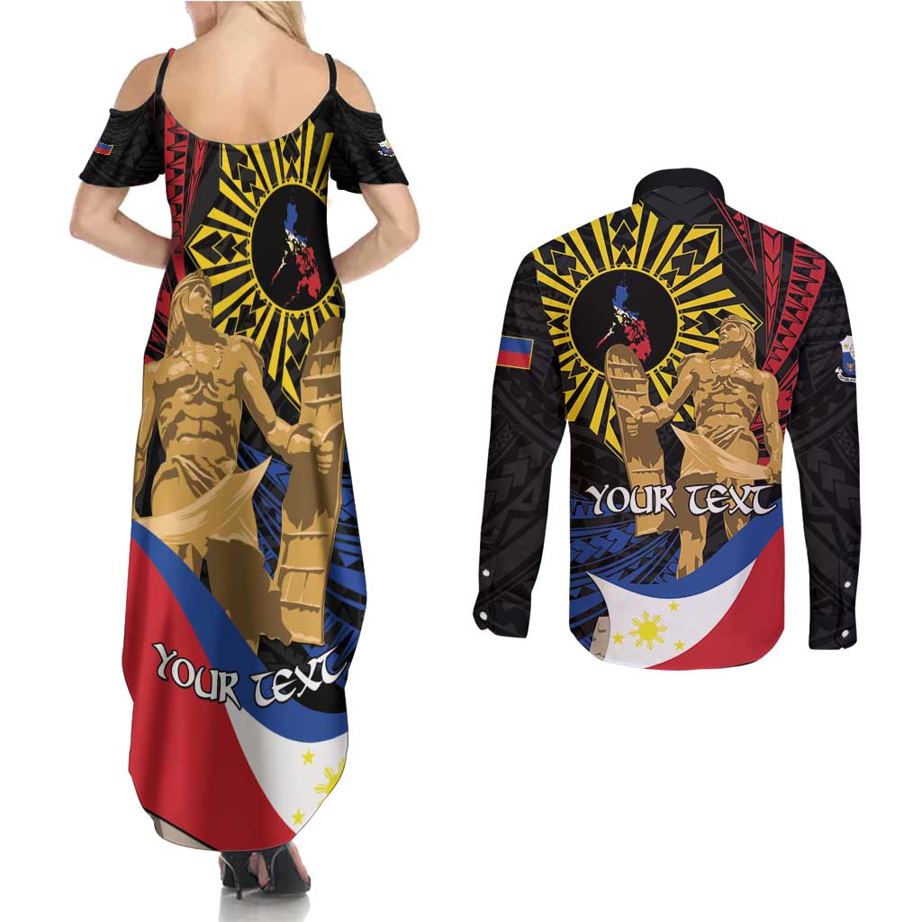 Personalized Lapulapu The First Filipino Hero Couples Matching Summer Maxi Dress and Long Sleeve Button Shirt Polynesian Pattern LT01 - Polynesian Pride