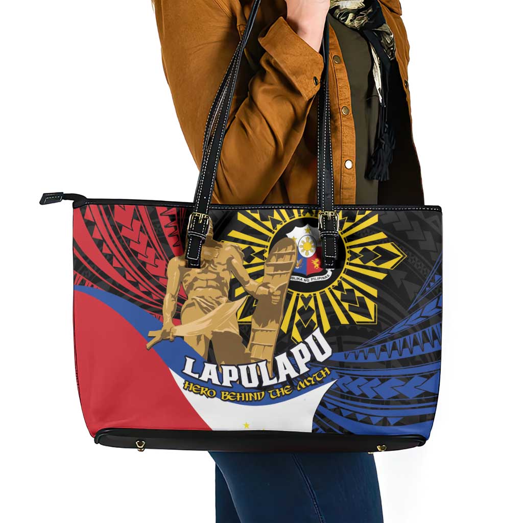Lapulapu The First Filipino Hero Leather Tote Bag Polynesian Pattern