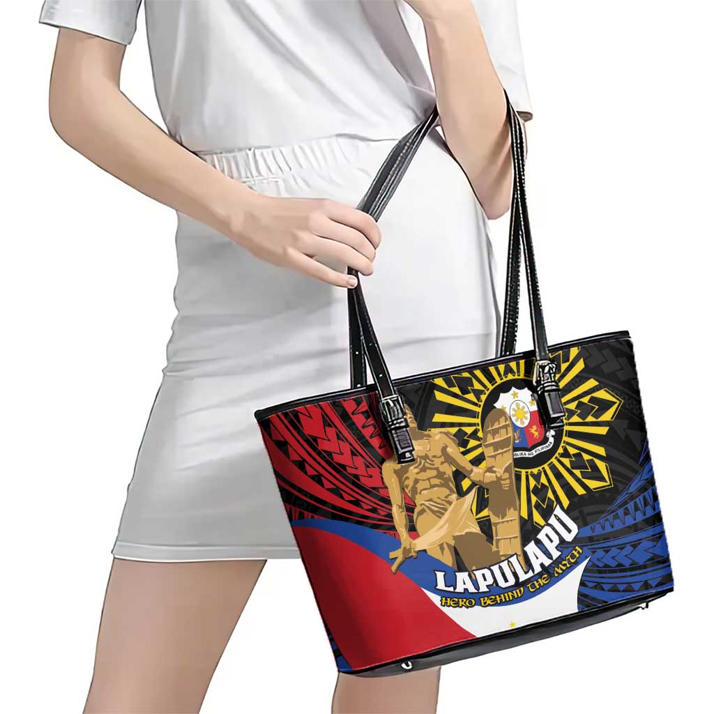 Lapulapu The First Filipino Hero Leather Tote Bag Polynesian Pattern