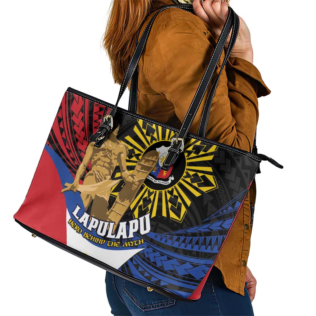 Lapulapu The First Filipino Hero Leather Tote Bag Polynesian Pattern