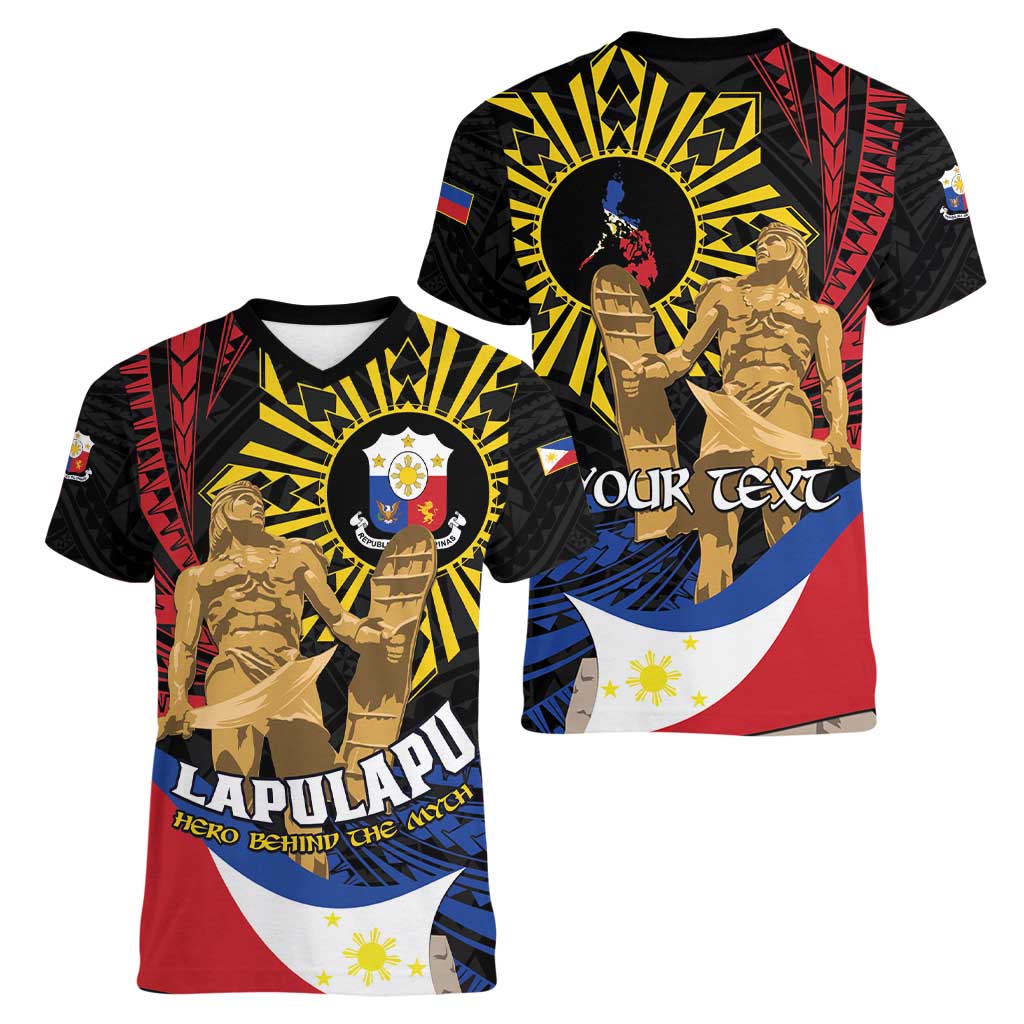 Personalized Lapulapu The First Filipino Hero Women V-Neck T-Shirt Polynesian Pattern