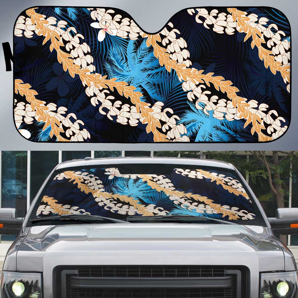 Puakenikeni Maile Lei Auto Sun Shade Frangipani Blue Tropical Leaves LT01 Blue - Polynesian Pride