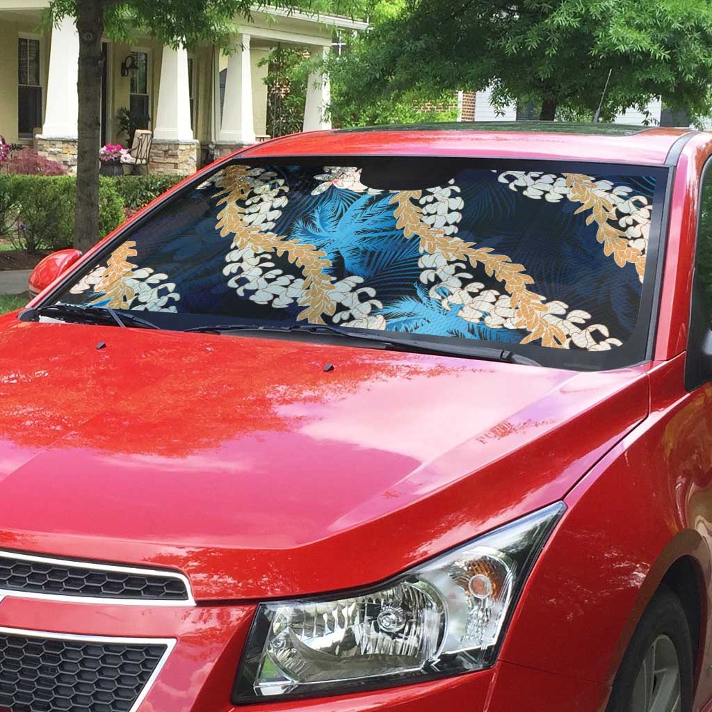 Puakenikeni Maile Lei Auto Sun Shade Frangipani Blue Tropical Leaves