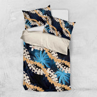 Puakenikeni Maile Lei Bedding Set Frangipani Blue Tropical Leaves