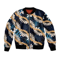 Puakenikeni Maile Lei Bomber Jacket Frangipani Blue Tropical Leaves