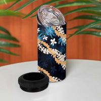 Puakenikeni Maile Lei 4 in 1 Can Cooler Tumbler Frangipani Blue Tropical Leaves