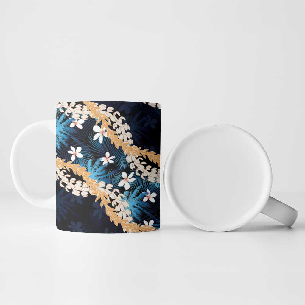 Puakenikeni Maile Lei Ceramic Mug Frangipani Blue Tropical Leaves