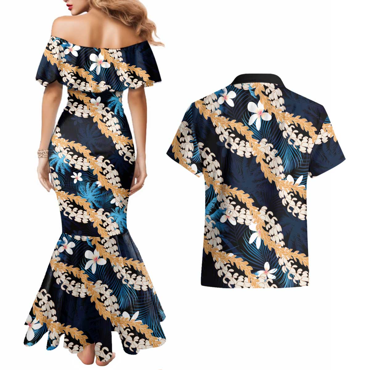 Puakenikeni Maile Lei Couples Matching Mermaid Dress and Hawaiian Shirt Frangipani Blue Tropical Leaves LT01 - Polynesian Pride