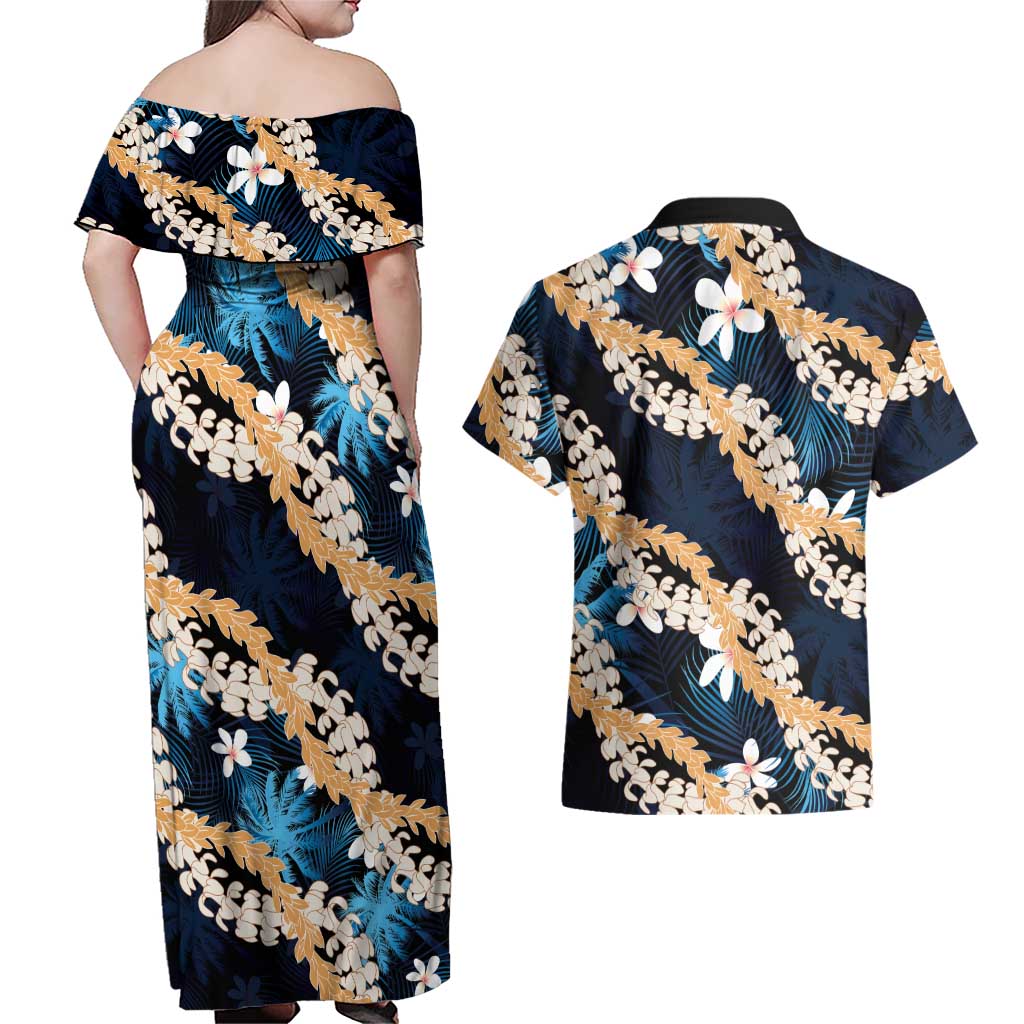 Puakenikeni Maile Lei Couples Matching Off Shoulder Maxi Dress and Hawaiian Shirt Frangipani Blue Tropical Leaves LT01 - Polynesian Pride