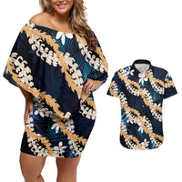 Puakenikeni Maile Lei Couples Matching Off Shoulder Short Dress and Hawaiian Shirt Frangipani Blue Tropical Leaves LT01 Blue - Polynesian Pride