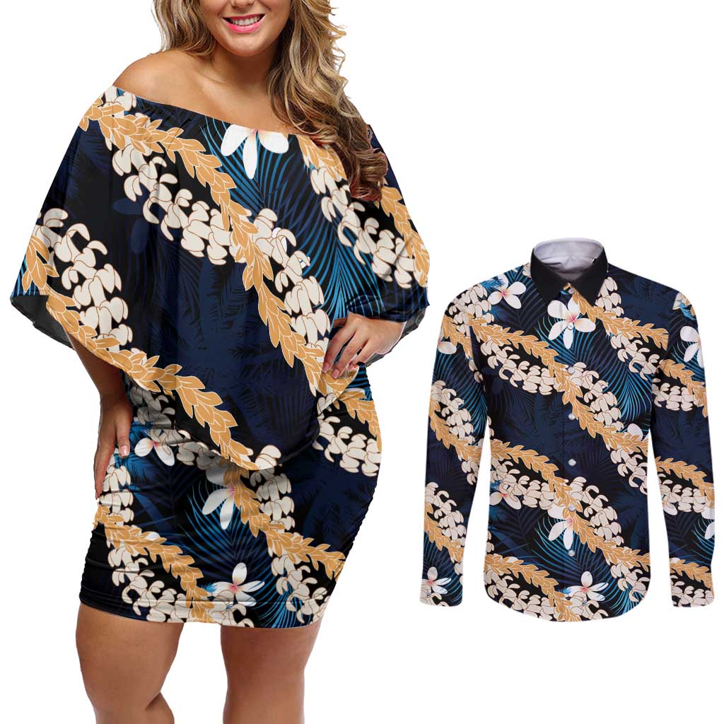 Puakenikeni Maile Lei Couples Matching Off Shoulder Short Dress and Long Sleeve Button Shirt Frangipani Blue Tropical Leaves
