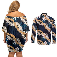 Puakenikeni Maile Lei Couples Matching Off Shoulder Short Dress and Long Sleeve Button Shirt Frangipani Blue Tropical Leaves