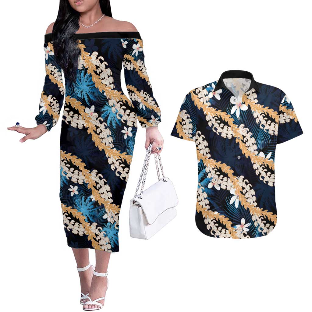 Puakenikeni Maile Lei Couples Matching Off The Shoulder Long Sleeve Dress and Hawaiian Shirt Frangipani Blue Tropical Leaves LT01 Blue - Polynesian Pride
