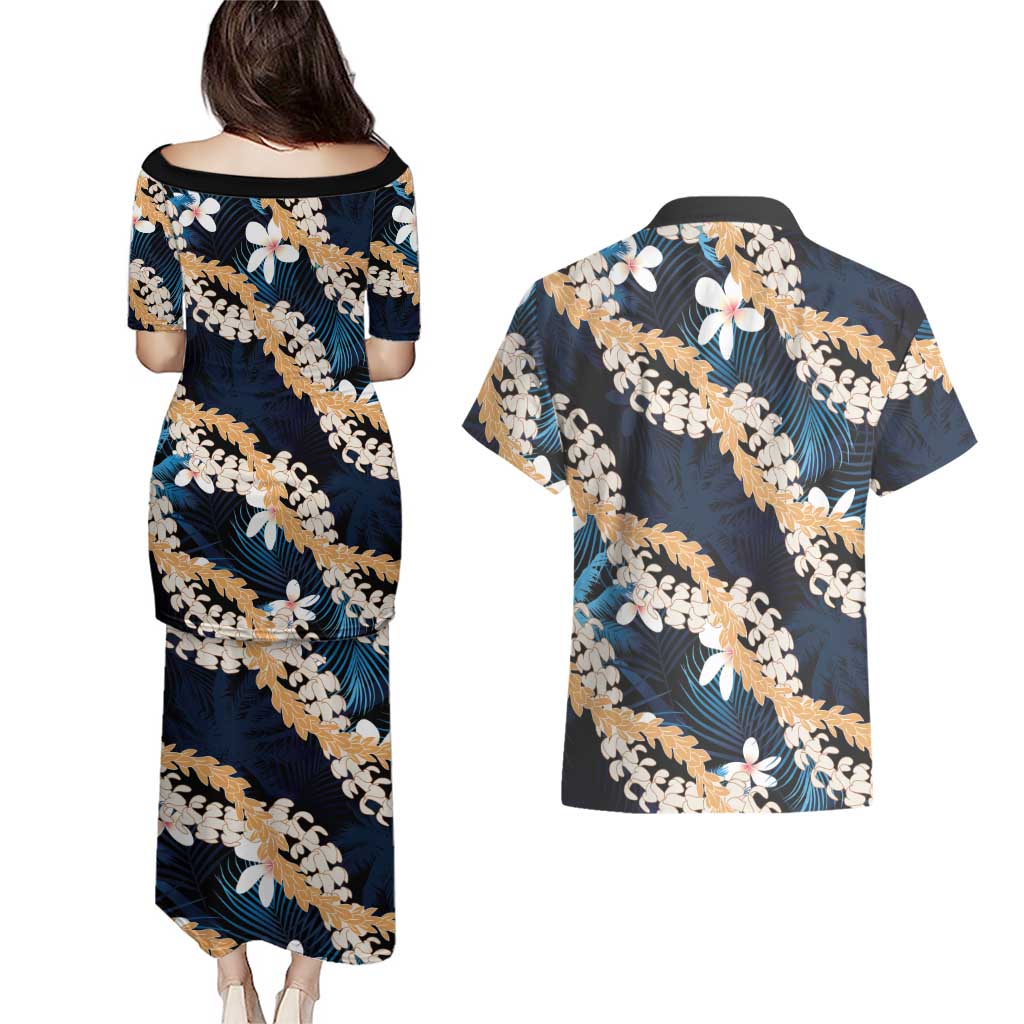 Puakenikeni Maile Lei Couples Matching Puletasi and Hawaiian Shirt Frangipani Blue Tropical Leaves