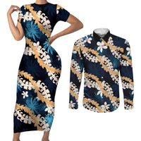 Puakenikeni Maile Lei Couples Matching Short Sleeve Bodycon Dress and Long Sleeve Button Shirt Frangipani Blue Tropical Leaves LT01 Blue - Polynesian Pride