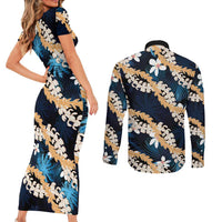 Puakenikeni Maile Lei Couples Matching Short Sleeve Bodycon Dress and Long Sleeve Button Shirt Frangipani Blue Tropical Leaves LT01 - Polynesian Pride