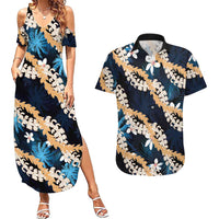 Puakenikeni Maile Lei Couples Matching Summer Maxi Dress and Hawaiian Shirt Frangipani Blue Tropical Leaves LT01 Blue - Polynesian Pride