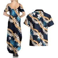 Puakenikeni Maile Lei Couples Matching Summer Maxi Dress and Hawaiian Shirt Frangipani Blue Tropical Leaves LT01 - Polynesian Pride