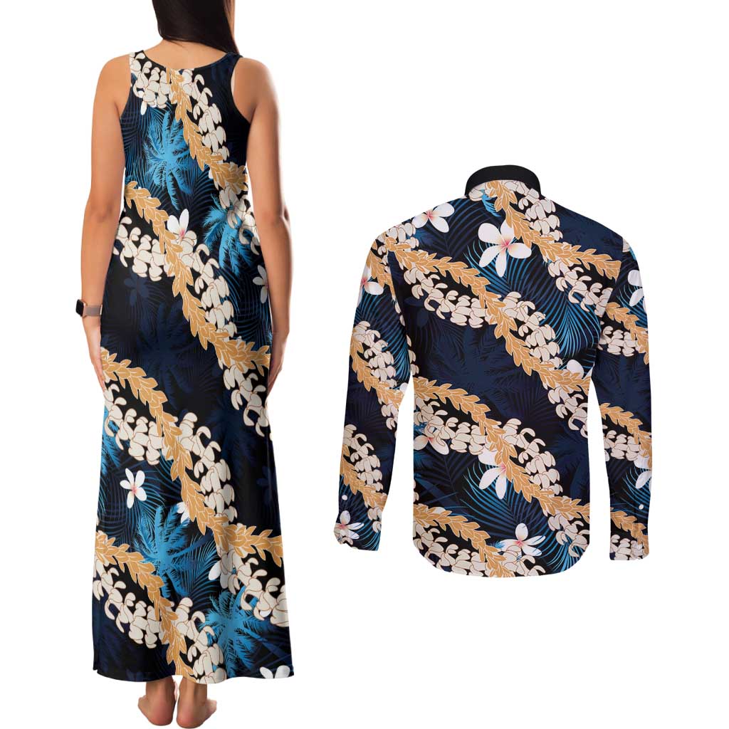 Puakenikeni Maile Lei Couples Matching Tank Maxi Dress and Long Sleeve Button Shirt Frangipani Blue Tropical Leaves