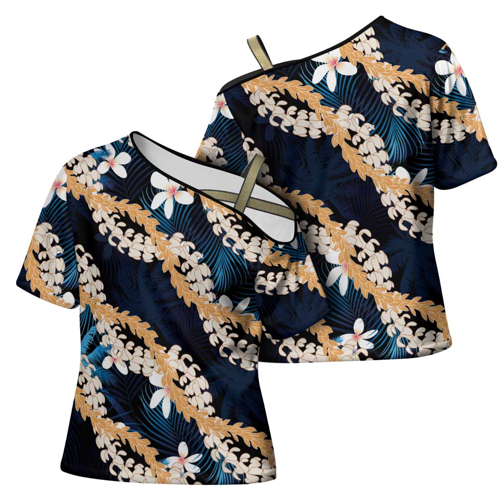 Puakenikeni Maile Lei Cross Shoulder Shirt Frangipani Blue Tropical Leaves