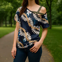 Puakenikeni Maile Lei Cross Shoulder Shirt Frangipani Blue Tropical Leaves