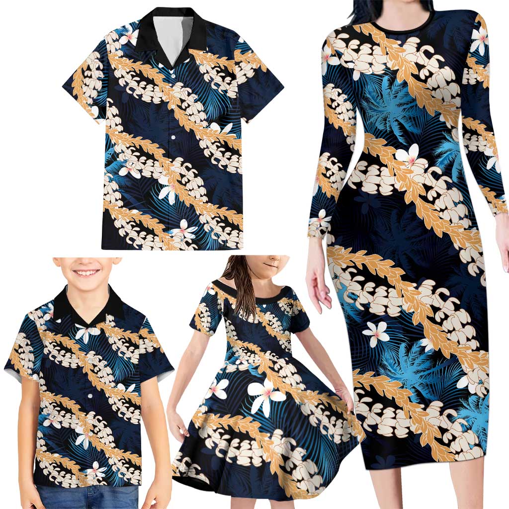 Puakenikeni Maile Lei Family Matching Long Sleeve Bodycon Dress and Hawaiian Shirt Frangipani Blue Tropical Leaves