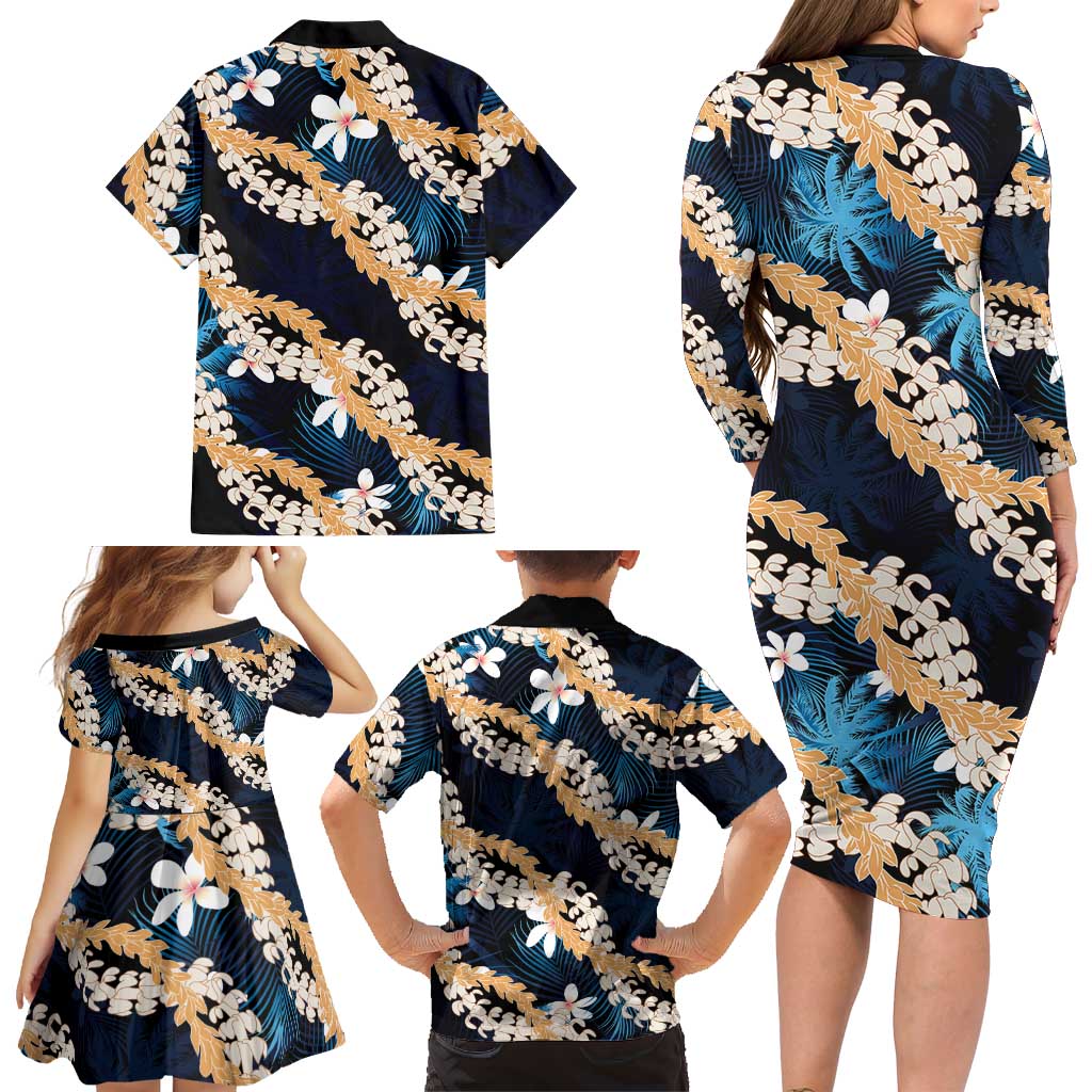 Puakenikeni Maile Lei Family Matching Long Sleeve Bodycon Dress and Hawaiian Shirt Frangipani Blue Tropical Leaves LT01 - Polynesian Pride