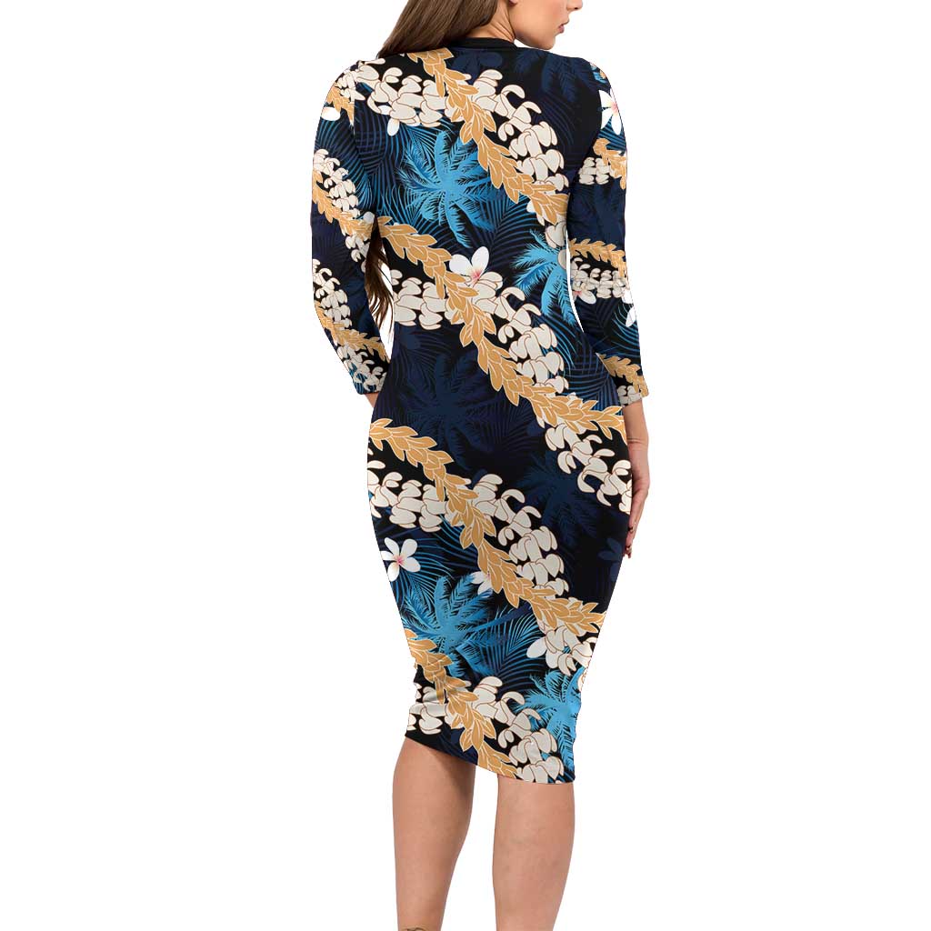 Puakenikeni Maile Lei Family Matching Long Sleeve Bodycon Dress and Hawaiian Shirt Frangipani Blue Tropical Leaves LT01 - Polynesian Pride